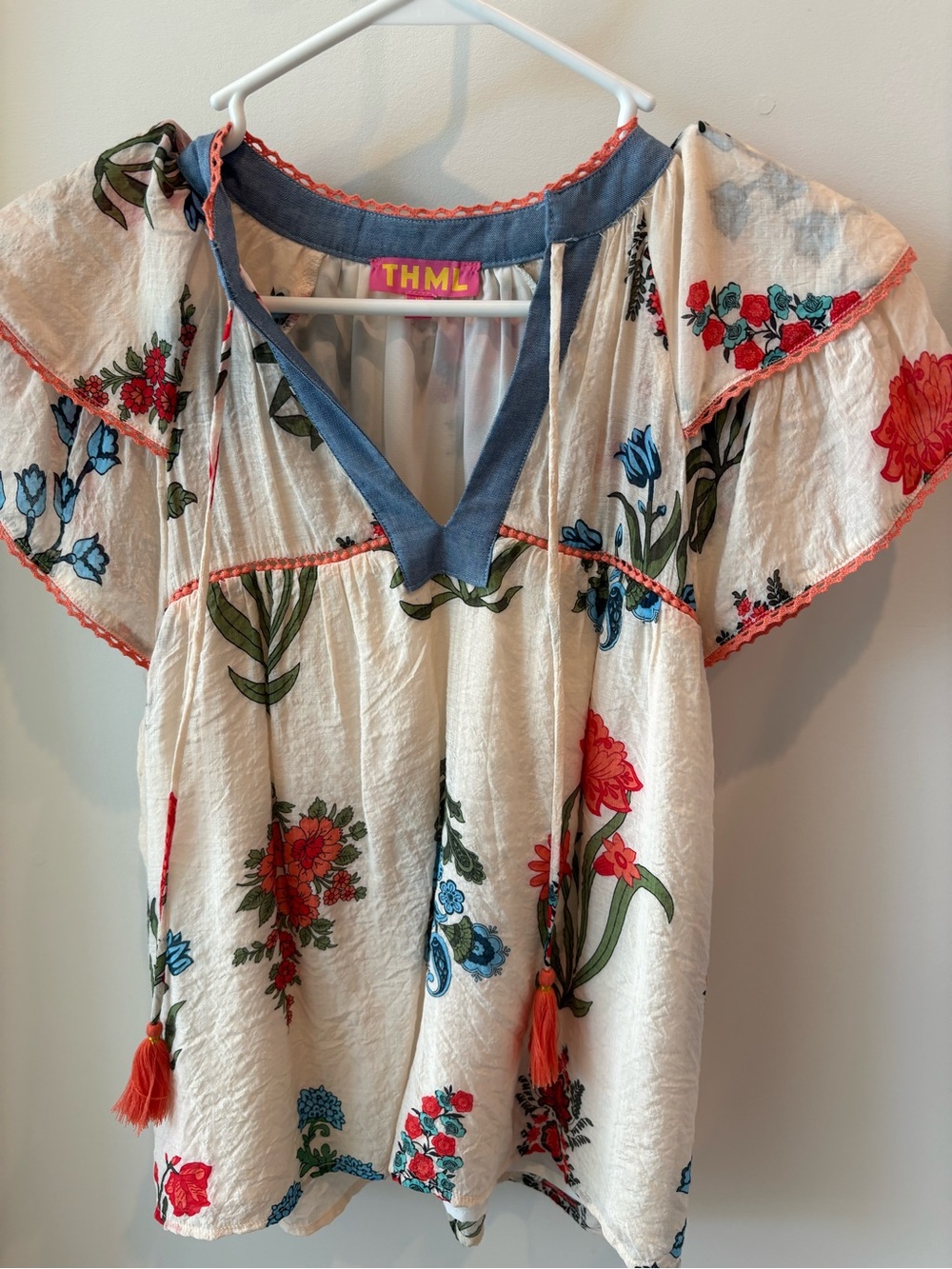 THML Cream Floral Peasant Top with Blue Trim and Coral Accents